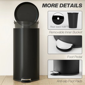 HOMCOM Kosz na śmieci 30 l pedałowy z pokrywą, wkładem wewnętrznym, funkcja miękkiego domyku 36 x 30 x 63,5 cm, czarny | Aosom PL