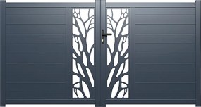 Skrzydłowa, pół-perforowana aluminiowa brama elektryczna z wzorem Dł.350 x Wys.179 cm w zestawie LABRIT II