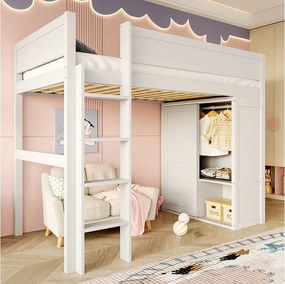 Łóżko piętrowe dla dzieci - 90 x 200 cm - z szafą + schowkiem - sosna + płyta MDF - białe