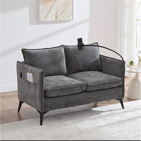 Szara sofa 2-osobowa z szenili z bocznymi kieszeniami, portem ładowania i uchwytem na telefon – do salonu i sypialni