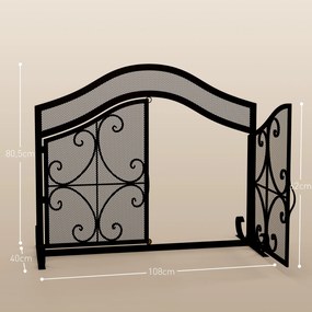 HOMCOM Siatka przeciw iskrom dla kominka, elegancki wzór, podwójne drzwi, magnetyczne zamknięcia, czarny, 105 x 40 x 80,5 cm