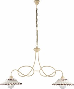 Żyrandol Bistrot z lakierowanego żelaza w kolorze kości słoniowej, dekor decapé, ceramiczne dyfuzory biało-brązowe Ø30 cm, 2 światła, 98x30 cm