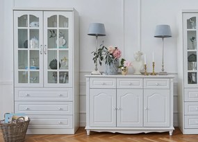 Regał na książki biały, przeszklony, 2 drzwi, 3 szuflady, Alexandra. Witryna 2 drzwiowa do salonu. Meble w stylu angielskim Victoria.