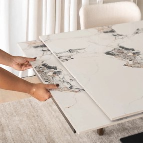 Zestaw Stół Rozkładany Ceramiczny REX 2 180-240 cm Biały Marmur/Orzech i 4 Krzesła Tapicerowane GRENADA Kremowe Nowoczesne