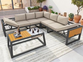 Salon ogrodowy - 6 osób - ze stali ocynkowanej - kanapa narożna - ze stolikiem kawowym - blat z tworzywa drewnopodobnego - i metalowym kubkiem na lód, Beżowy