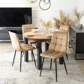 Zestaw Stół Okrągły Rozkładany HARRY 102-142 cm Dąb Craft/Czarny i 4 Krzesła Tapicerowane PERU Beżowe Welurowe Nowoczesne