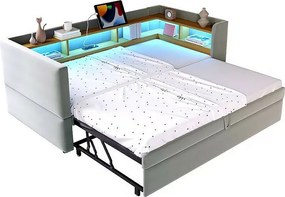 Kanapa rozkładana tapicerowana 90/180x190 cm - z oświetleniem LED - z gniazdkiem - liczne schowki - jasnoszara (materac nie wchodzi w skład)