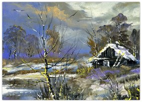 Obraz chaty w zimowym krajobrazie, obraz olejny (70x50 cm)