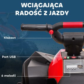 HOMCOM Elektryczny Quad dla Dzieci, Światła LED, Odtwarzacz MP3, Amortyzatory, Ergonomiczne Siedzenie, Czerwony+Czarny