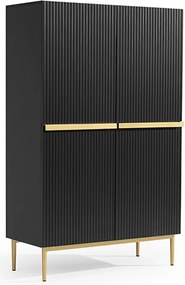 Komoda wysoka Nicole 100 cm dwudrzwiowa z ryflowanym frontem - czarny mat / złote nóżki