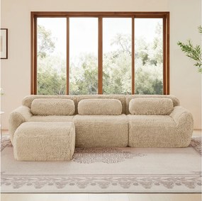 Modułowa Sofa Narożna 3-osobowa w tkaninie pluszowej, z pufą i 3 poduszkami, 291x179x73cm, Khaki
