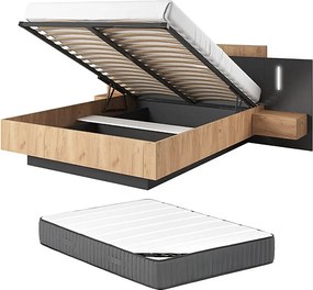 Łóżko ze skrzynią i szafkami nocnymi 140 x 190 cm - 2 szuflady - Z oświetleniem LED - Kolor: Naturalny i antracyt + Materac - FRANCOLI