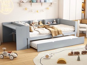 Łóżko wysuwane 90 x 200 cm + 90 x 180 cm z biurkiem i 3 półkami - lite drewno sosnowe - stelaż z listew - szare