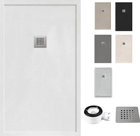 Brodzik żywiczny z rantem, ultracienki i antypoślizgowy z zaworem i kratką | Tekstura kamienia | Biały | 70 X 140 cm