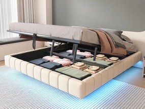 Łóżko tapicerowane 180x200 cm - bez wezgłowia - z oświetleniem LED - len - beżowe (materac nie jest w zestawie)