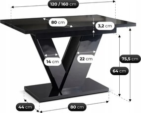 Stół Prostokątny Rozkładany CLARK 120-160 cm Czarny Połysk Glamour