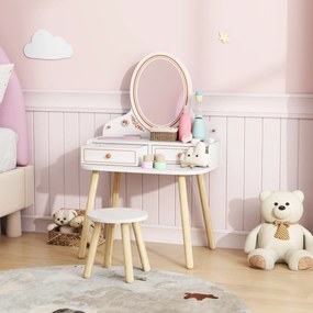 AIYAPLAY Dziecięcy Stolik do Makijażu Zestaw z Taboretem Lustrem Szufladami Drążkami na Ubrania dla 3-8 Lat 56 x 38 x 87,8 cm Biały | Aosom PL