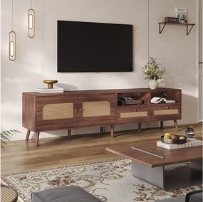Szafa pod telewizor z 2 drzwiami i 2 szufladami - Brązowa szafka pod telewizor - Drzwi z rattanu - do telewizora 80-calowego