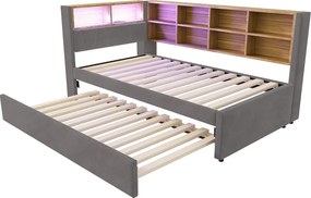 Łóżko dzienne 90 x 200 cm - łóżko wysuwane 90 x 190 cm z oświetleniem LED i dużą ilością miejsca do przechowywania - ciemnoszara flanela