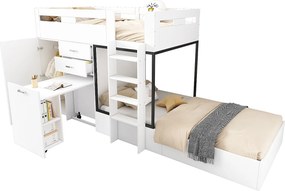 Łóżko piętrowe 2 x 90 x 200 cm z szafą + biurkiem i 2 szufladami - płyta MDF - stelaż listwowy - kolor biały