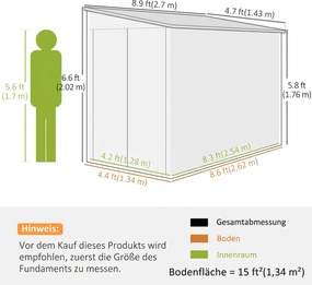 Outsunny Metalowy domek narzędziowy 3,5m² 143x270x202cm, szopa z dachem pulpitowym, zamykane podwójne drzwi, fundament, szczeliny wentylacyjne | Aosom PL