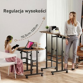 HOMCOM Biurko regulowane wysokości z półką, kółkami, biurko komputerowe Rustykalny-Brąz 60 x 60 x 70,5-120 cm