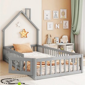 Łóżko dziecięce 90 x 200 cm z drewna sosnowego z barierkami i drzwiczkami, w zestawie stelaż z listew, kolor szary