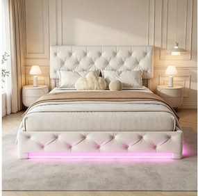 Łóżko podwójne 140x200 cm tapicerowane beżowe z LED RGB, hydraulicznym schowkiem i regulowanym zagłówkiem - styl nowoczesny bez materaca