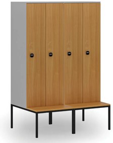 Drewniana szafa ubraniowa S4 z ławką, 2-drzwiowa, 1871 x 600 x 500/800 mm, demontaż, zamek RFID, szary/pomarańczowy