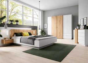 Łóżko Volio 160x200 – nowoczesne łóżko sypialniane z szafkami nocnymi i oświetleniem LED – biały mat / dąb craft złoty
