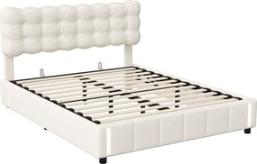 Łóżko z pojemnikiem dla dorosłych 140x200 cm kremowy biały aksamit z przechowywaniem, podnoszeniem hydraulicznym i wbudowanym oświetleniem LED