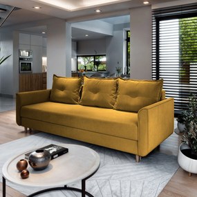 Masseno Sofa NAPOL z funkcją spania i pojemnikiem na pościel, Rozkładana sofa - Żółty, KRONOS 01