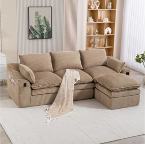Modułowy zestaw wypoczynkowy 3-osobowy w sztruksie - 263 x 167 x 85 cm - z 1 pufem + poduszki + 2 kieszenie - khaki