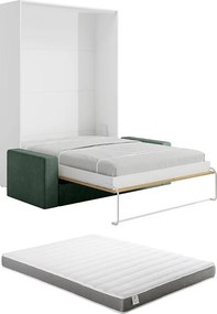 Łóżko chowane w szafie 160 x 200 cm - Ręczne otwieranie pionowe - Kolor: Naturalny i biały + Materac + kanapa zielona - BEGANIO