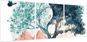 Obraz – Akwarelowe drzewo pełne życia (z zegarem) (90x30 cm)