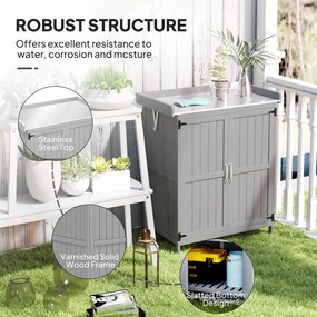 Outsunny Szafka Ogrodowa, Szafka na Narzędzia do Zewnętrznego Użytku, z Powierzchnią Roboczą, Drewno i Stal Nierdzewna, Podwójne Drzwi, Szary