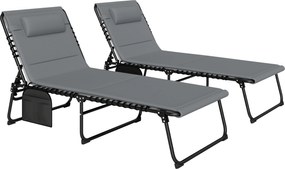 Outsunny 2‑częściowy zestaw leżaków składanych z zagłówkiem, 5‑stopniowo regulowanym oparciem, kieszenią boczną, ciemnoszary | Aosom PL