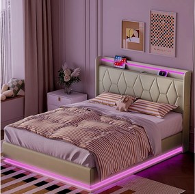 Nowoczesne łóżko dwuosobowe 160×200 cm z zagłówkiem obitym białym aksamitem, oświetleniem LED, portem USB i schowkiem z siłownikami hydraulicznymi