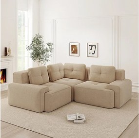 Canapé d'angle gauche modulable en velours côtelé, avec 4 coussins, 177x177x69cm, Beige