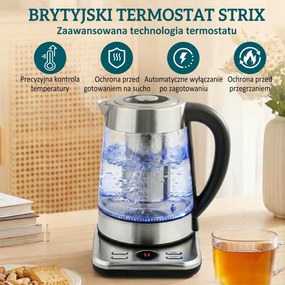 HOMCOM Elektryczny czajnik, 1,7L, szybkie gotowanie, 2200W, z termostatem Strix, sitkiem do herbaty, funkcją utrzymania ciepła | Aosom PL