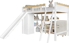 Łóżko piętrowe dla dzieci 90×200 cm - z szafą i schowkami - ze zjeżdżalnią dla dzieci - drewno lite + MDF - białe (materac nie jest zawarty)