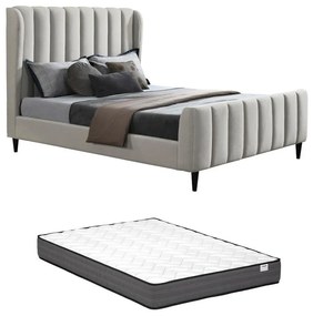 Łóżko 140 × 190 cm – Tapicerowane z pionowymi przeszyciami – Jasnoszare + Materac – CASAGOTI