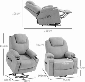 HOMCOM Fotel masujący z funkcją wstawania dla seniorów 8 punktów wibracji 2 kieszenie uchwyt na napoje szary 90x101x107 cm | Aosom PL