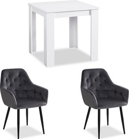 Stół jadalniany 80x80x75 cm biały z 2 szarymi aksamitnymi krzesłami typu jajko