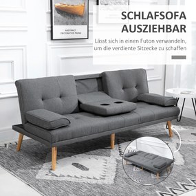 HOMCOM Sofa 3osobowa Rozkładana z Stołem Len Imitacja 181x77x78cm Ciemnoszara | Aosom PL