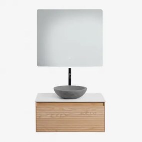 Zestaw Wiszących Mebli Łazienkowych Z Drewna Jesionowego Tedrik Popielaty Brąz & Okrągły Szary Cement - Sklum