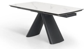 Elegancki stół z białym ceramicznym blatem na hartowanym szkle. Metalowa podstawa z czarnej stali nadaje mu nowoczesny charakter i wyjątkową trwałość.
