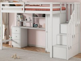 Łóżko mezzanine 90x200cm z drewna - z biurkiem, szafą i schodami do przechowywania - Białe