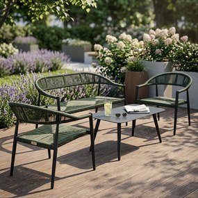 Zestaw mebli ogrodowych ciemnozielony, szara rama, ławka, 2 krzesła, stolik