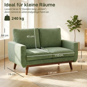 HOMCOM 2-osobowa sofa, 134 cm, sztruksowa kanapa z kieszeniowymi sprężynami, grubym oparciem, drewnianymi akcentami, zielona | Aosom PL